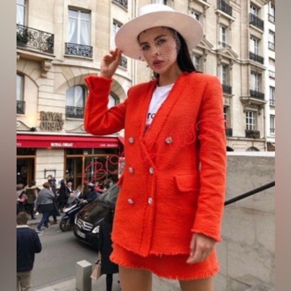 Zara Tweed Weave Jeweled Buttons Blazer Jacket Orange Size XS NEW - Picture 8 of 15
